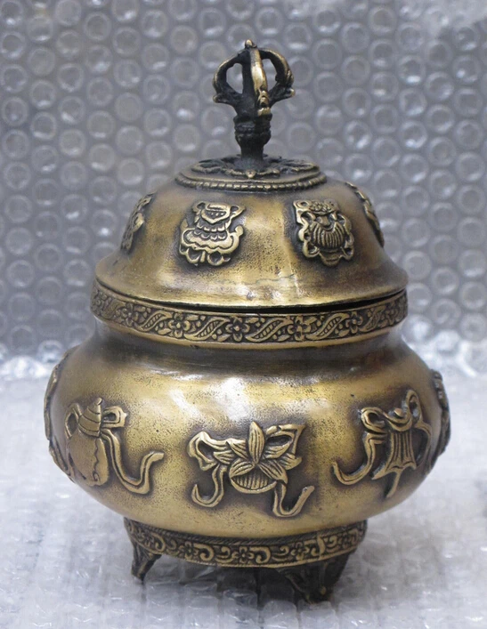 

6.5"Feng shui China Bronze carve Eight auspicious Tibetan censer incense burner