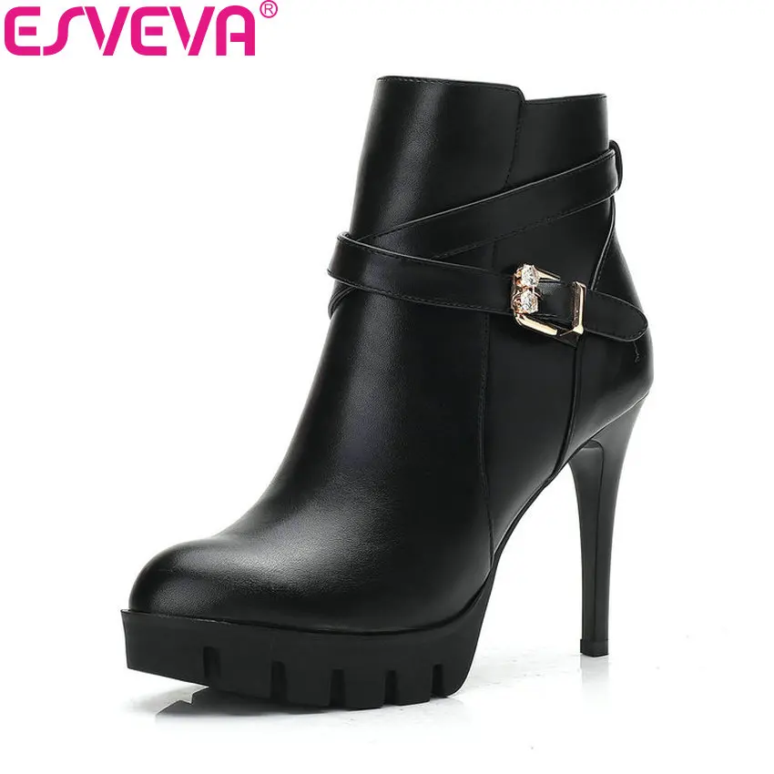 

ESVEVA 2019 Women Boots Platform Thin High Heels Zipper Ankle Boots Spring Autumn Shoes Buckle Concise Ladies Boots Size 34-39