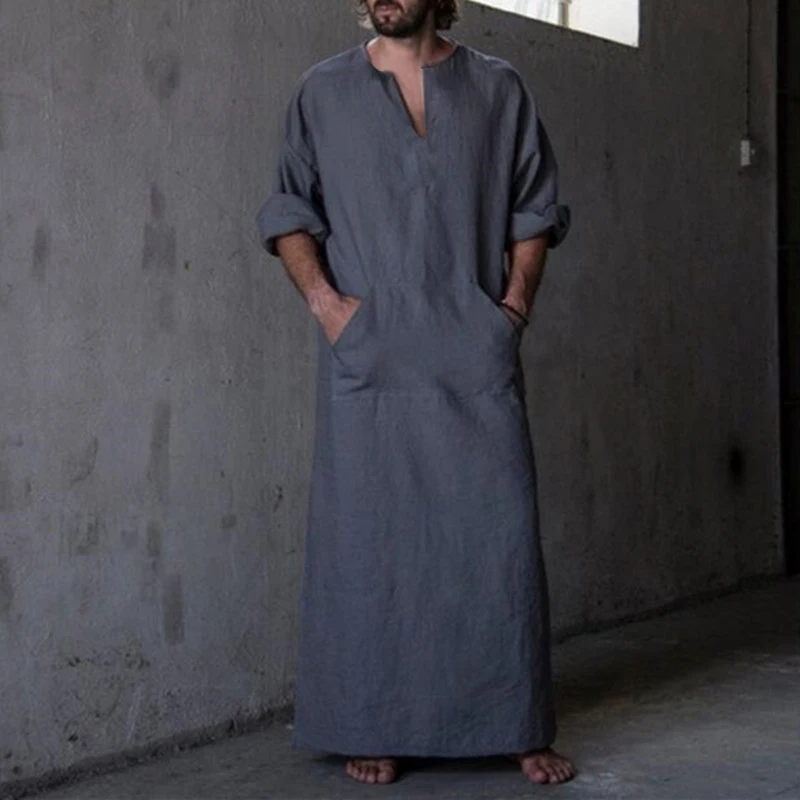 Ближний Восток исламский человек ТОБ кафтан одежда Hombre мужские рубашки халат платье с длинным рукавом Хлопок v-образным вырезом Полная Длина 5XL Masculino
