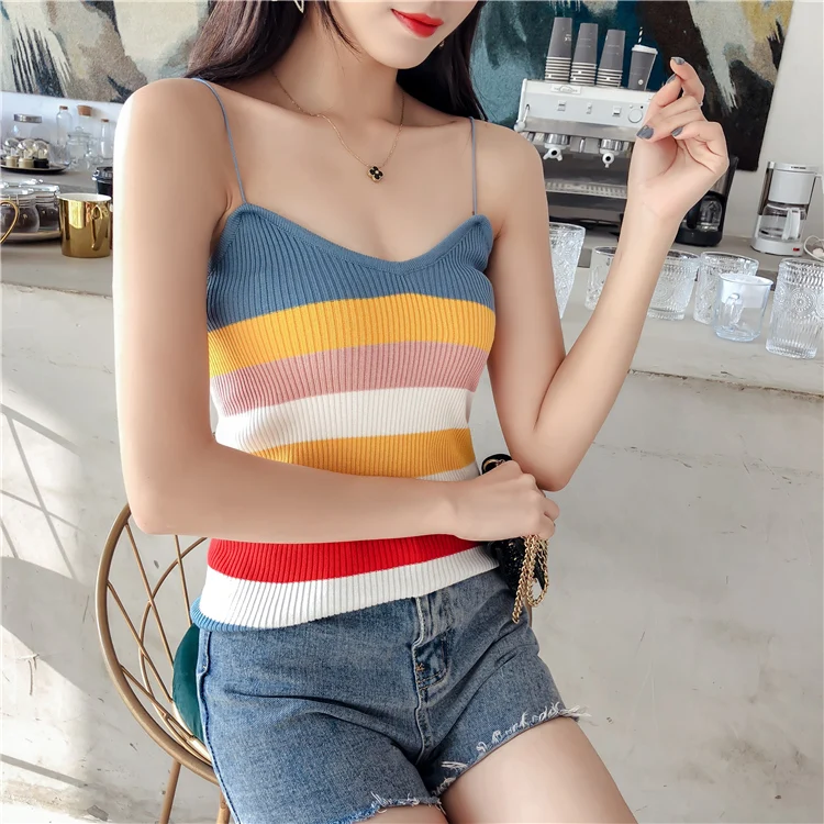 

Summer Women Knit Rainbow Stripe Camis Tops Girls Knitwear Camisole Sleeveless Sweater Tshirts For Female