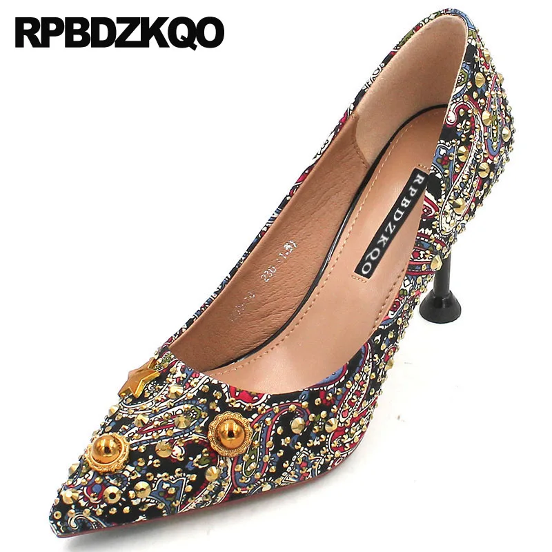 

high heels pointed toe scarpin fashion shoes brand pumps metal unique multi colored rivet thin stud suede ladies celebrity 8cm