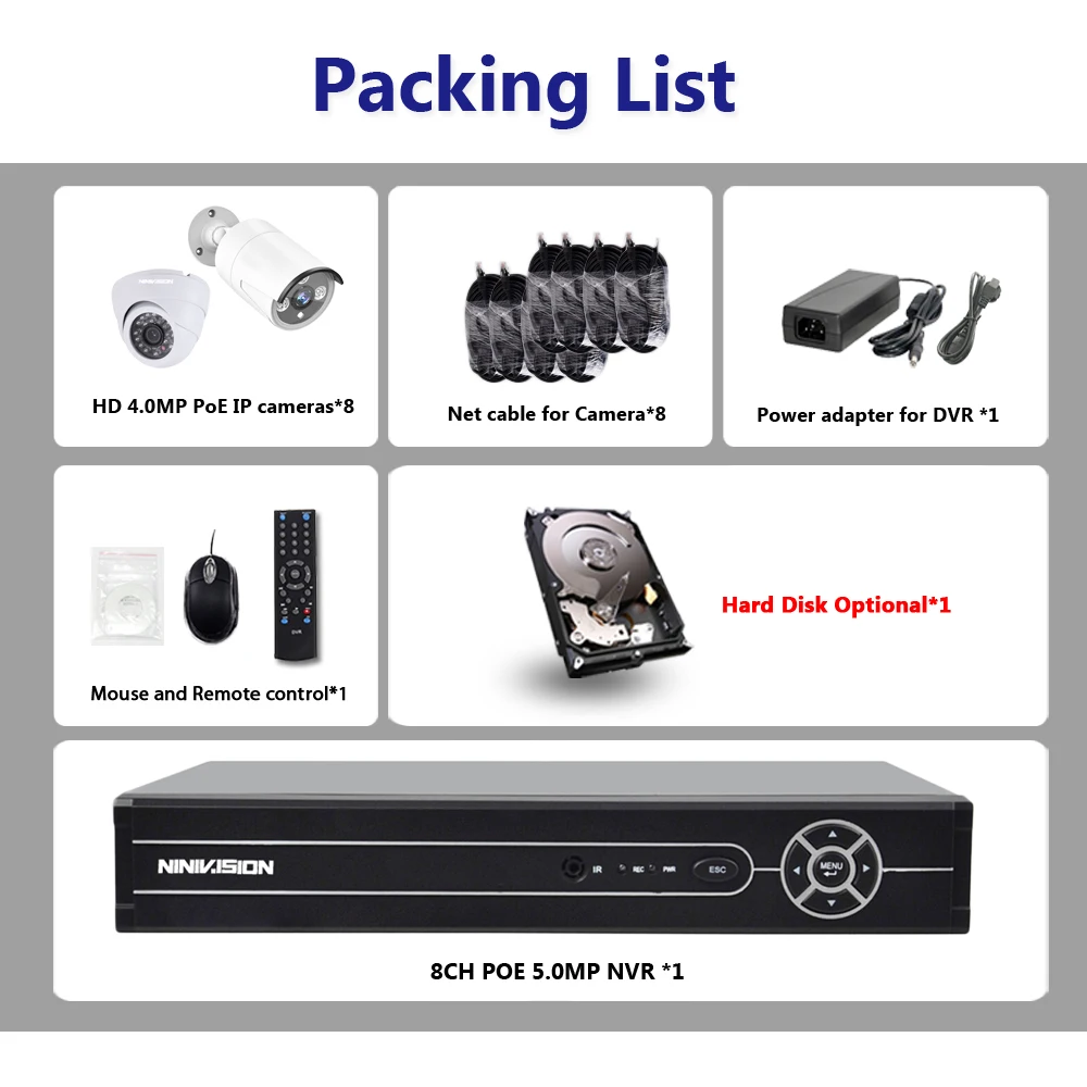 HD H.265 5.0MP POE камера безопасности CCTV система 4CH 8CH NVR с 2592*1520 4MP IP на открытом воздухе