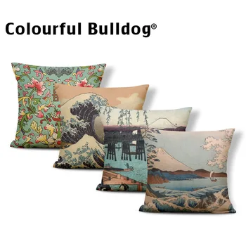 

Retro Japan Cushion Cover Pillow Case Mount Fuji Ocean Landscape Ukiyoe Hokusai Pillow Pillowslip Covers 18X18 Burlap Colorful