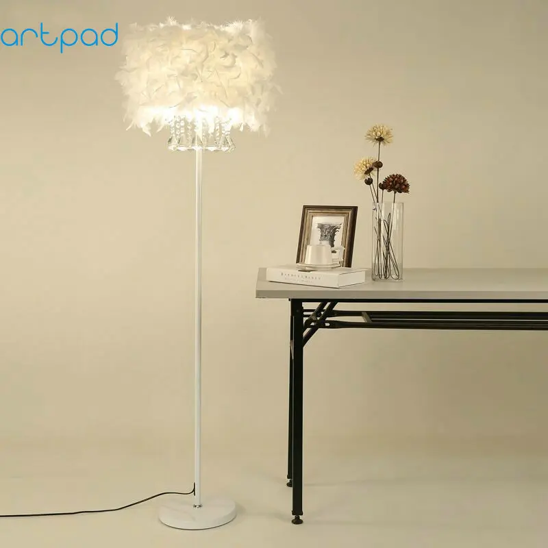 

Modern White Crystal Feather Lampshade E27 E26 BASE Led Floor Light Night Lamp for bedroom Bedside and living room