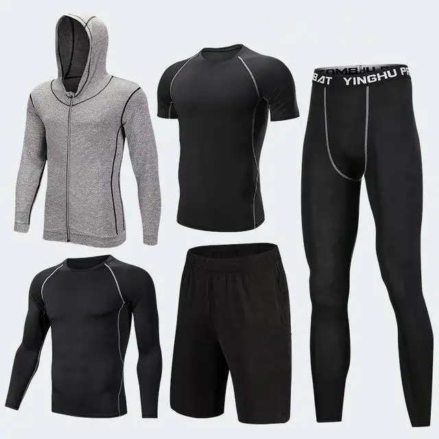 5pcs KH grey set Мужская спортивная одежда, Компрессионные спортивные костюмы, одежда для тренировок, Гимнастические Колготки, набор для бега, Быстросохнущий Спортивный костюм размера плюс - Цвет: 5pcs KH grey set