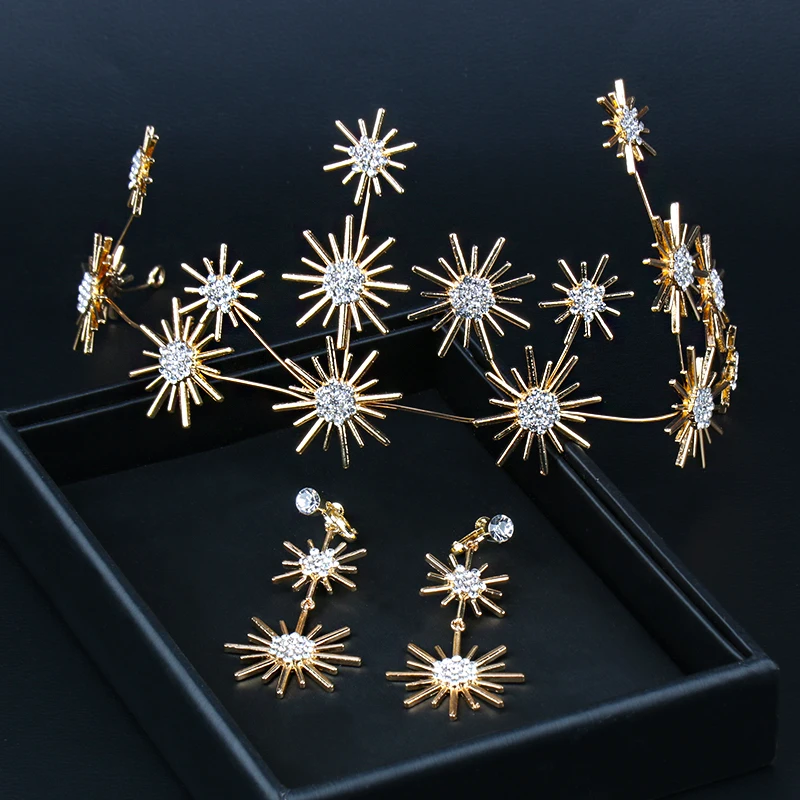 

2019 Wedding Accessories Star Tiaras and Crowns Earrings Sets Vintage Gold Bridal Headpiece Head Band Hairwear Diadem Jewelry