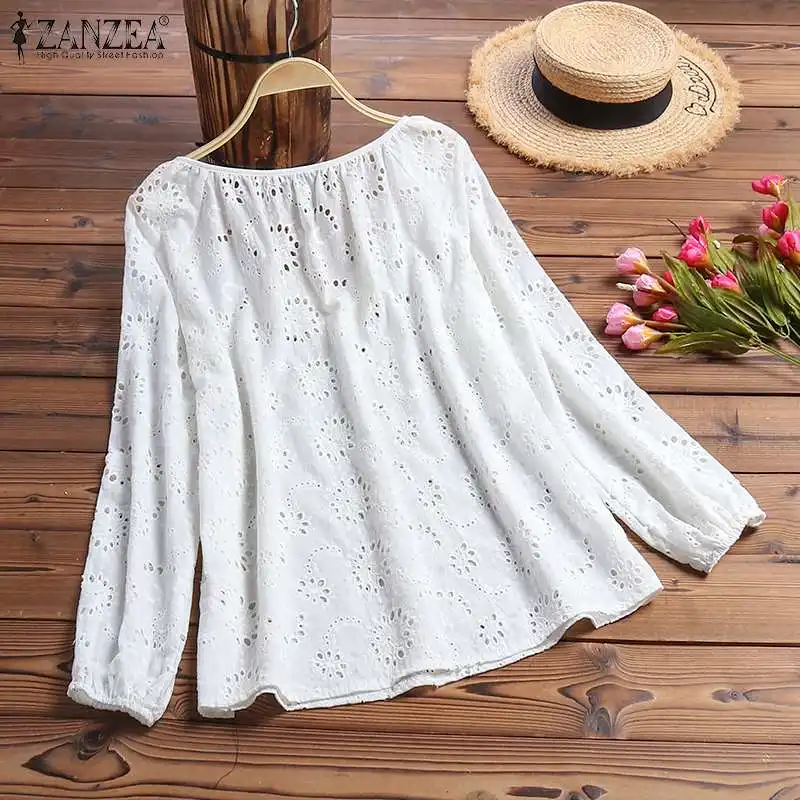  Fashion Hollow Tops Women's Summer Blouse 2019 ZANZEA Autumn Long Sleeve Shirts Female V Neck Lace 