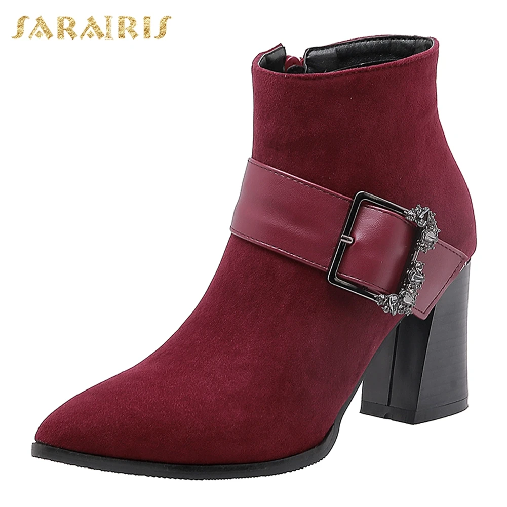 

Sarairis Plus Size 32-48 Hot Sale Add Fur Warm Winter Boots Woman Shoes Women Chunky Heels Buckle Decoration Ankle Boots Women