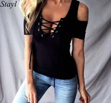 Hot Women Tshirt V Neck Bandage Hollow Out T Shirt Women Casual Slim Fitness Off Shoulder Sexy Tee Tops Summer Camiseta Feminina