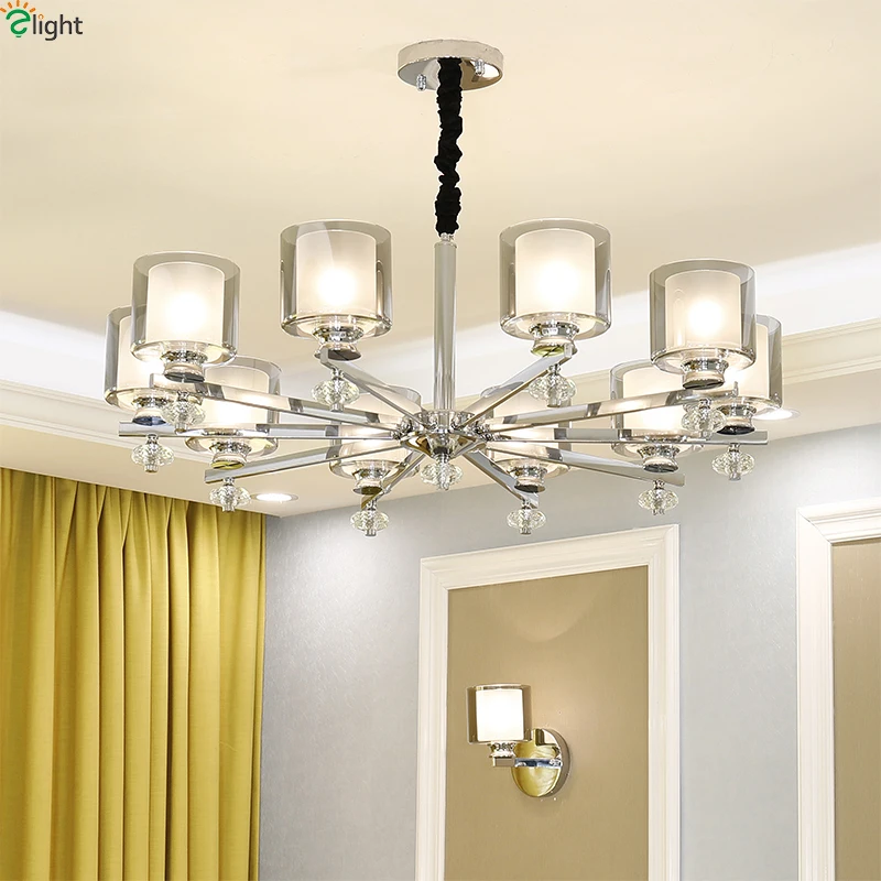 Современные Chrome Metal Led освещение люстры хрустальные Гостиная Led подвесная люстра огни Обеденная подвесной светильник