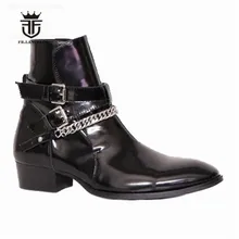 NEW Luxury Graffiti Cloth Chain Buckle Strap Chelsea Boots pointed toe wedge genuine leather waytt Men Boots