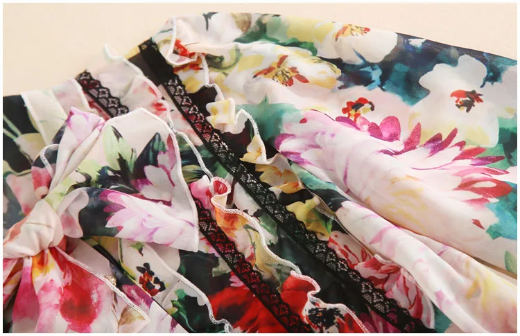 MoaaYina модельер летний комплект Для женщин с длинным рукавом Роза Floral-Print Lace оборками Элегантный топ+ короткая юбка-Костюм из нескольких предметов