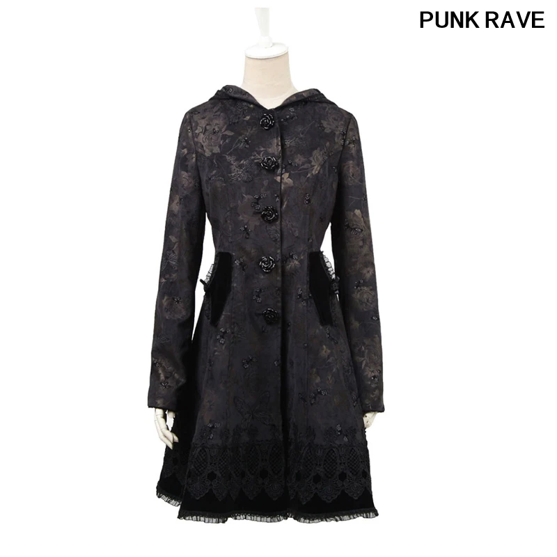 

Gothci lolita butterfly flocking rose button long coat fashion printing Lace side swing with hat black coat PUNK RAVE LY-046