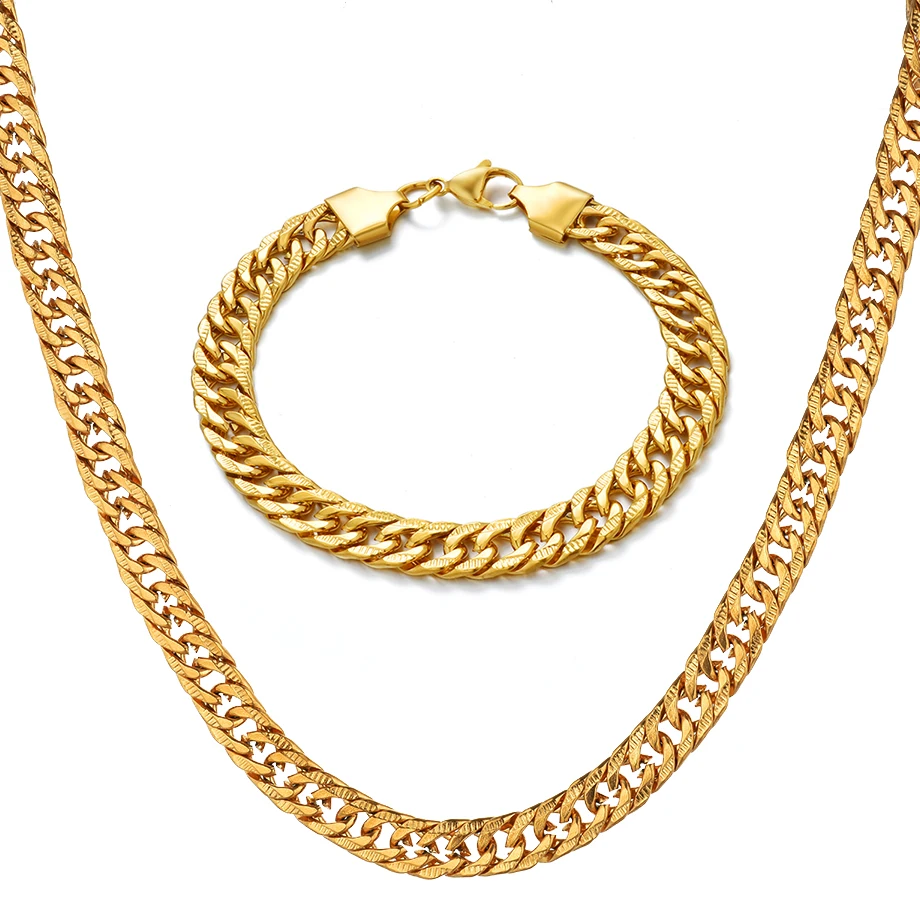 

Men Women's Jewelry Set Stainless Steel Gold Bracelet Necklace Set Curb Cuban Link Chain 2019 Wholesale Jewelry N1398