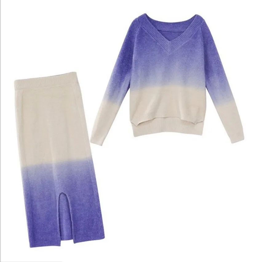 

purple coffee yellow vintage v-neck long sleeve ombre knitted pullovers sweaters skirts sets for women sweater skirt knit saias