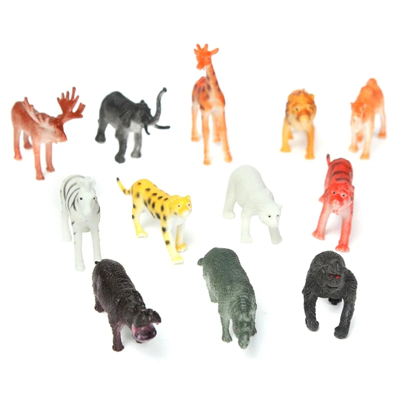 New 12pcs/set Plastic Zoo Animal Figure Tiger Leopard Hippo Giraffe