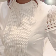 Женские блузки, приталенные, с длинным рукавом, белая рубашка, кружевная, на крючках, с цветами, полые размера плюс S-5XL, Harajuku, корейская модная одежда