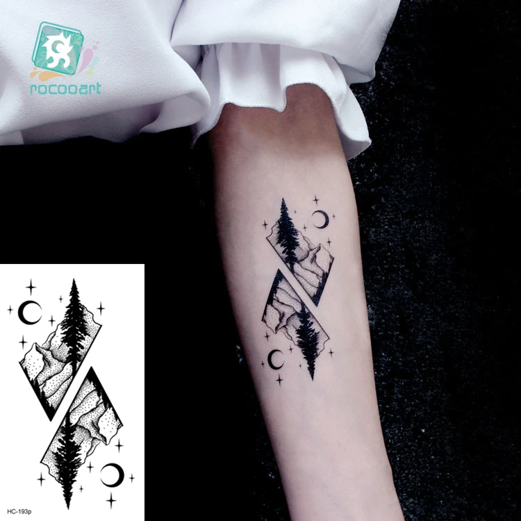 Rocooart 10.5x6cm Fake Temporary Tattoo Sticker for Girls Waterproof Black Geometric Mountain Tatoos Body Art Fake Tattoo Paper