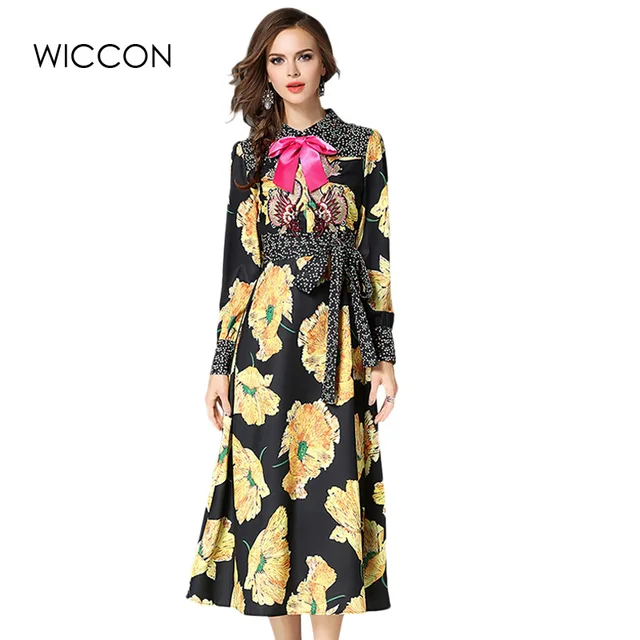 Elegant Print Vintage Dress Women Long Sleeve Autumn Flower Dresses Elegant Print Vintage Dress Women Long Sleeve Autumn Flower Dresses High Quality Turn Down Collar Mid