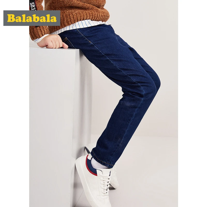

Balabala Boys Fleece-Lined Pull-on Jeans in Slim Fit Teenage Boy Cotton Jeans in Washed Denim with Pocket Elasticized Waistband