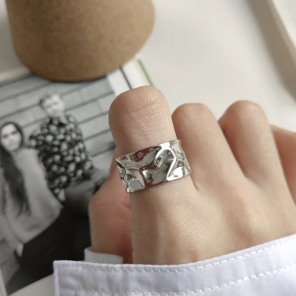 

Punk Wild Authentic S925 Sterling Silver FINE Jewelry personality Irregular Geometric Band Wide Face rings Adjust women's J464