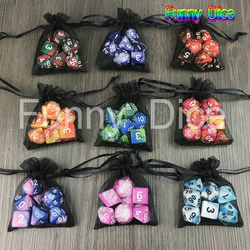

Newest Double Color 7pcs 2-color Nebula Polyhedral Dice with A Free Bag D4-D20 for Dnd RPG BoardGame Party Family
