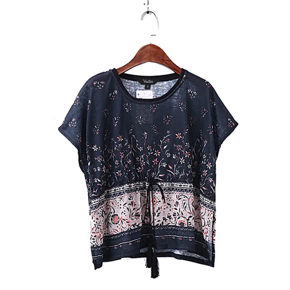 women vintage Bohemian style knitted loose T shirt retro floral print