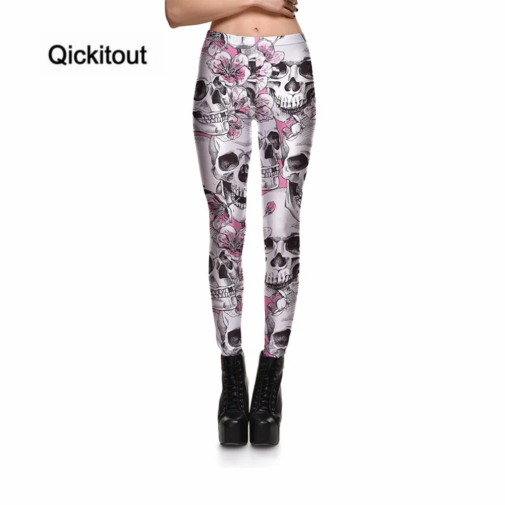 Женские леггинсы стрейч Qickitout с черепом и цветами персика брюки оптом|wholesale
