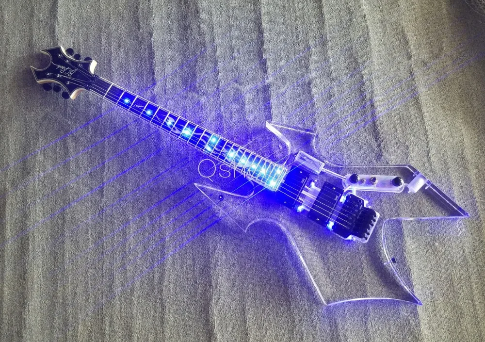

top quality QShelly custom acrylic bc rich LED lights black floyd rose abalone binding electric guitar musical instruments shop