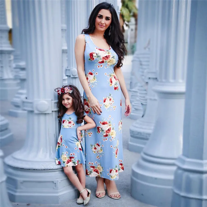 

Mommy Me Baby Kid Girl Floral Printed Sundress Sleeveless Dress Family Clothes New Vestidos Largos De Verano Casual 2019 A3$