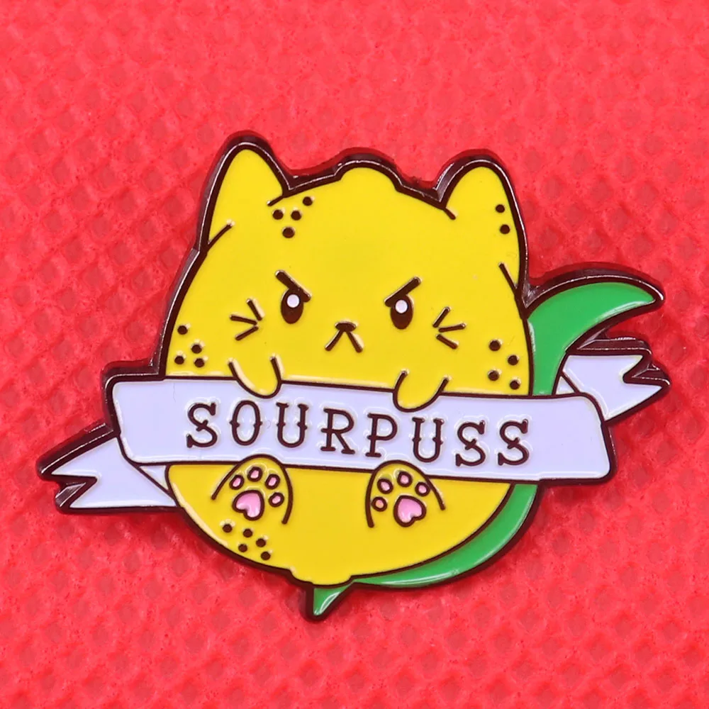 

Sourpuss enamel pin sassy cat brooch yellow lemon badge funny pun art fruit brooches cute animal jewelry creative Valentine gift