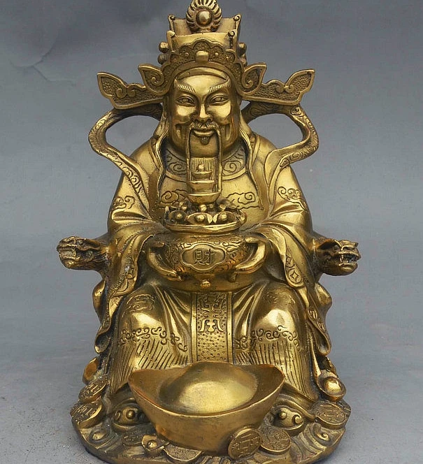 

11" Folk China Brass Wealth Mammon God Hold Treasure Bowl On Dragon Chair Statue