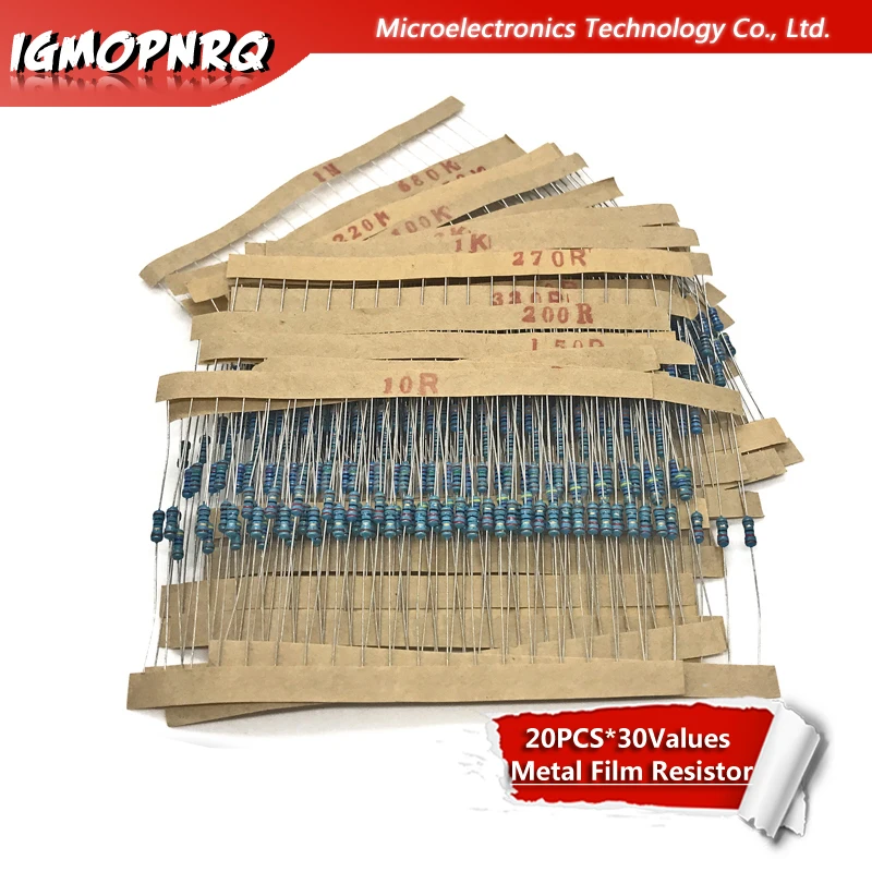 600pcs 1/4w 1 20pcs*30values Metal Film Resistor Assortment Kit Set Pack Electronic Diy Kit