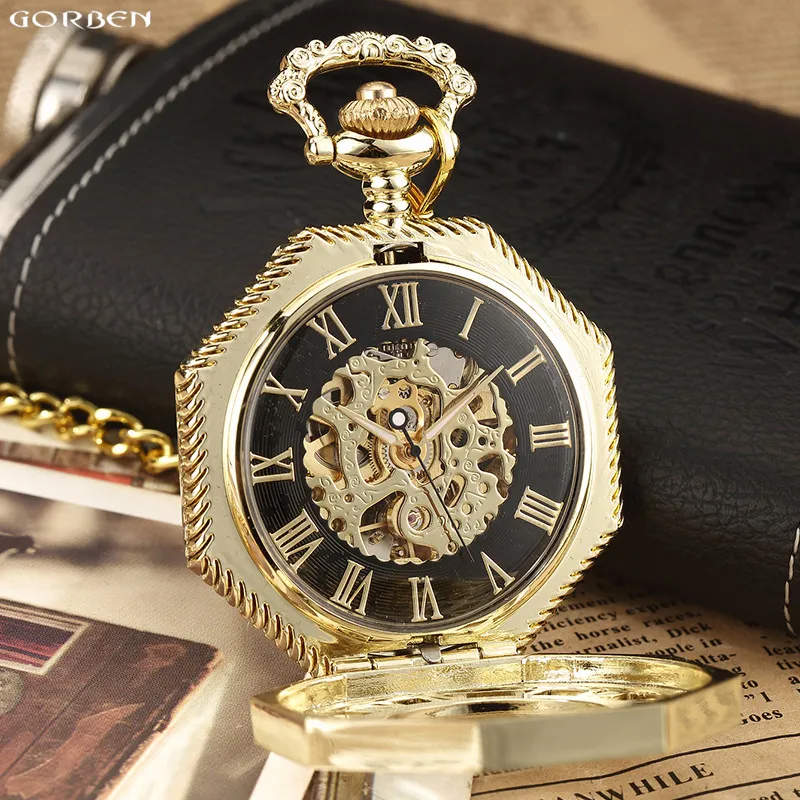 2020 New Classic Hexagonal Mechanical Pocket Watch FOB Chain Steampunk Roman Dial Skeleton Golden Hollow Steel Mens Pocket Watch