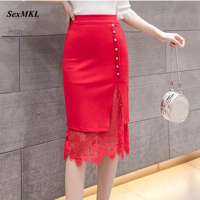 SEXMKL, кружевная Лоскутная красная юбка, женская,, толстая, зимняя, Корейская, высокая талия, юбки, сексуальные, для девушек, черная, миди, юбка-карандаш размера плюс - Цвет: Красный