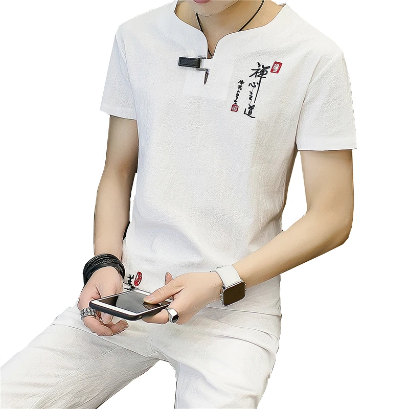 

2018 Summer Pure Color Chinese Style Retro Embroidery Mens Short-sleeved Suit 2 Pieces Sets Size 6XL Cotton and Linen Fabrics