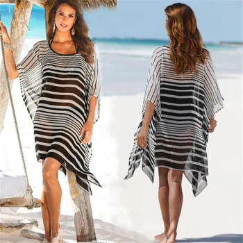 

2019 Summer Chiffon Black White Striped Loose Beach Blouse Sunscreen Shirt Female