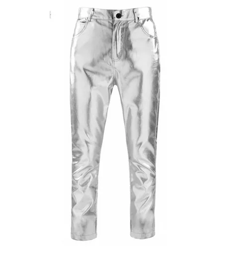 Мужская брендовая мода высокого качества золото серебро тонкий сценический PU брюки/m-xxl - Цвет: sliver