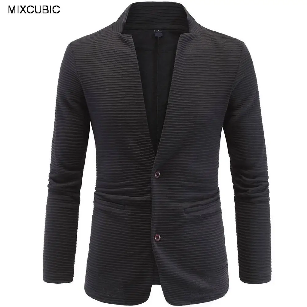 

MIXCUBIC spring England style simple Unique collarless suit men black casual Slim stripes Splicing suit for men large size M-5XL