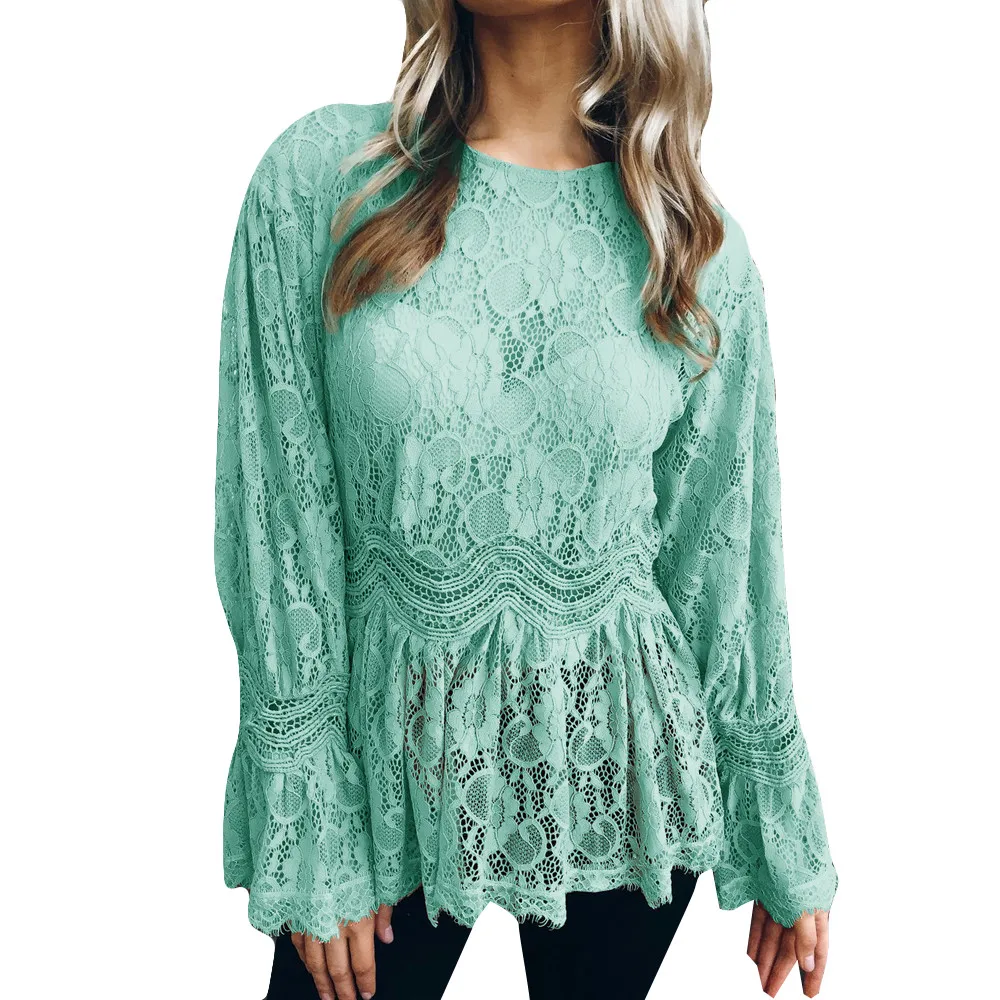Fashion Style Womens Long Sleeve Lace Mint Green Color Fashion Round