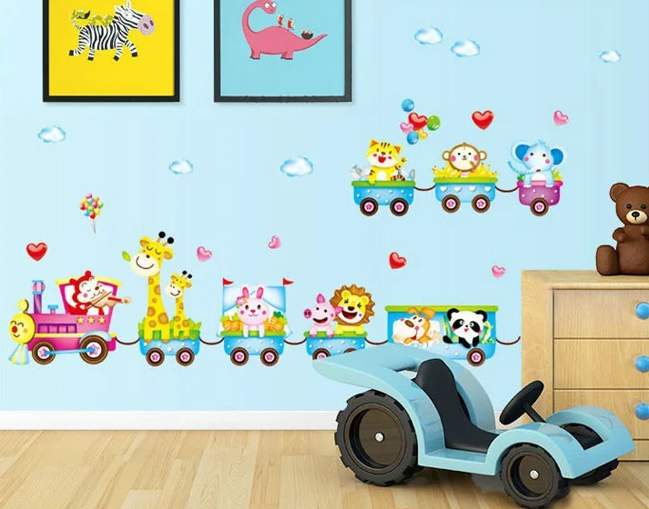 Safari Animals Train Wall Stickers Nursery Decor Baby Kids Art Mural
