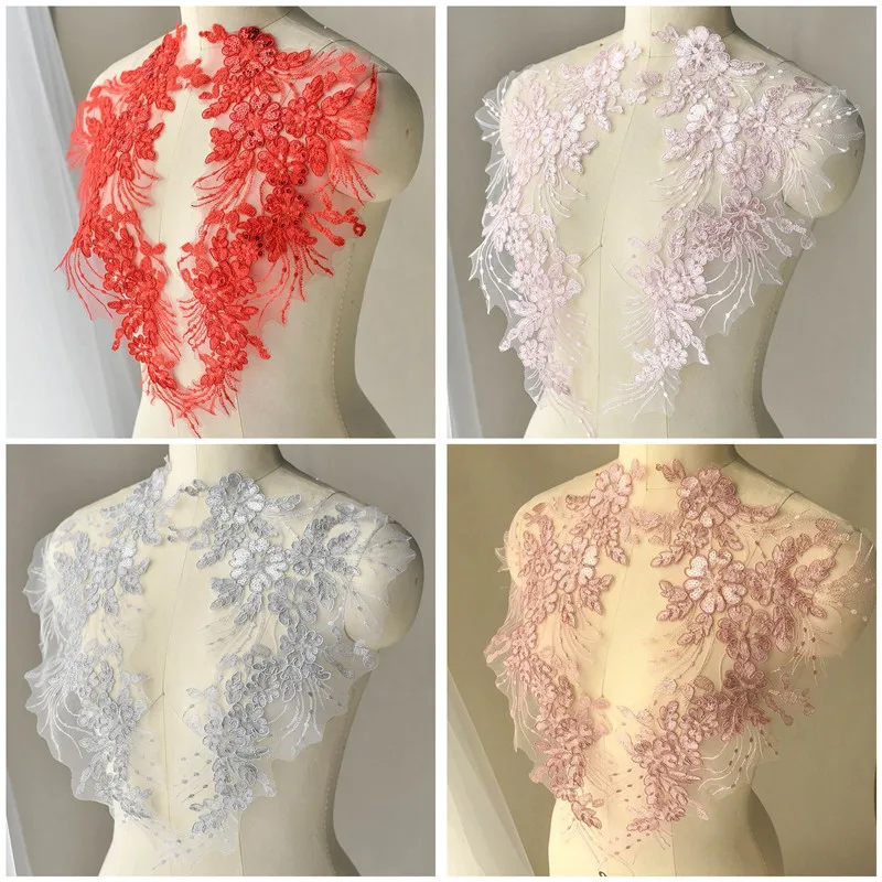 Description Picture 3 of item1Mirror Pair/ 2Pcs Sequins Wedding Dress Body Piece Head Ornaments Lace Applique Wedding Dress DIY Lace Accessories 42X20cm