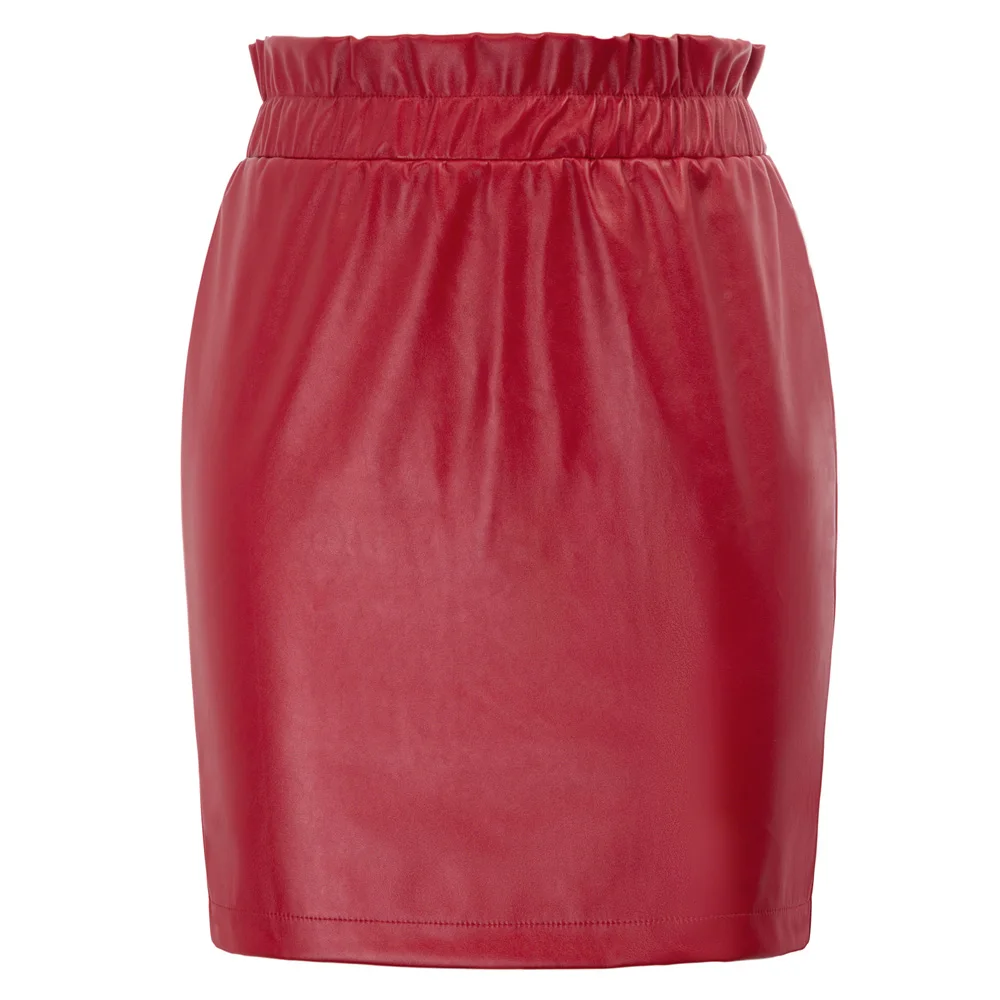 KK черные/красные юбки женская одежда с оборками и эластичной резинкой на талии юбка из искусственной кожи сексуальная юбка-карандаш выше колена - Цвет: Red
