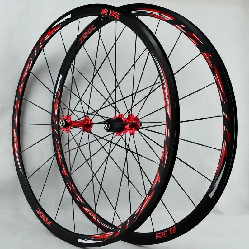 700C колеса из сплава космическое дорожное колесо для велосипеда V тормозная алюминиевая колесная колесо колеса велосипеда диски герметичные подшипники плоские спицы 12sp - Цвет: R35 red hub red