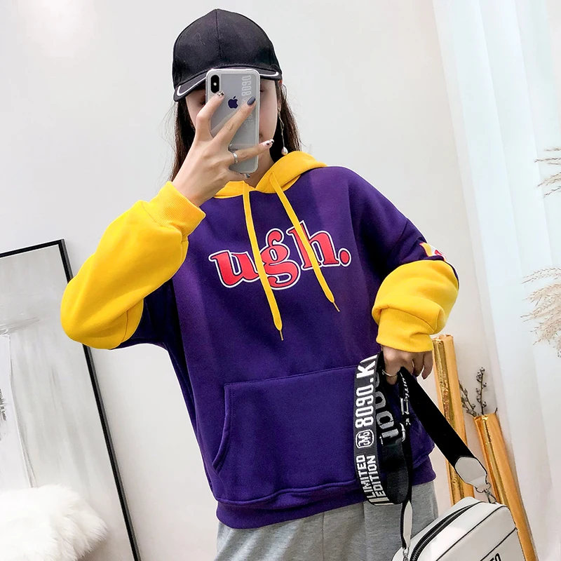 Lazy hooded color jersey thickening plus velvet cute female version loose pattern letter jacket girlfriends sweatshirt | Женская одежда