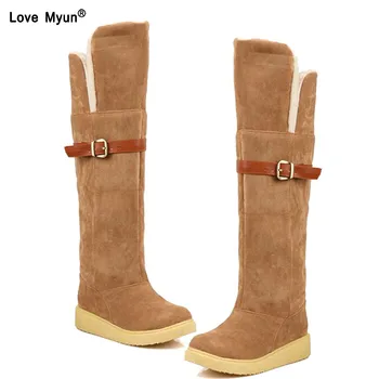 

winter flat knee boots woman belt buckle long plush Tall tube large size snow boots women two way for wear women's shoes569