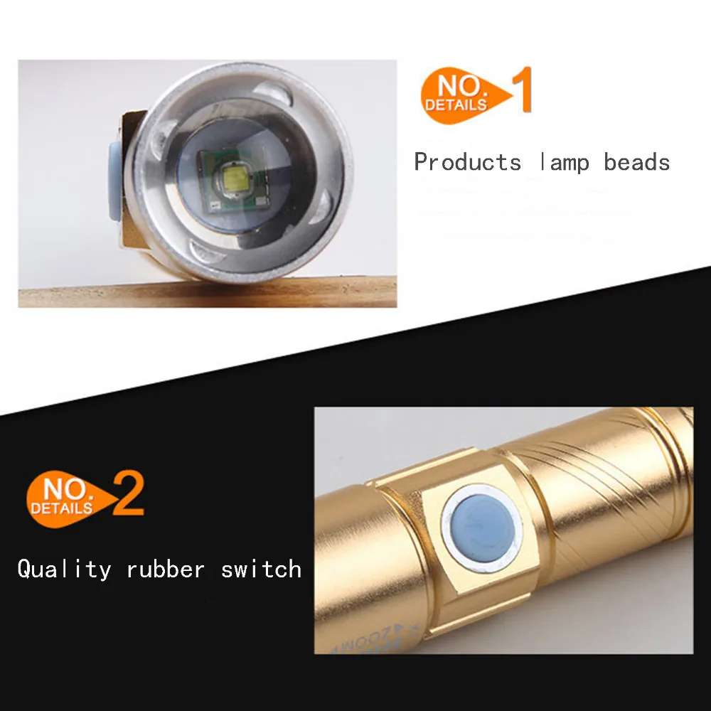 VANDER USB Rechargeable LED Flashlight 5W Zoomable CREE 1000LM Waterproof Lanterna LED Torch Built-in lithium battery Flashlight (8)
