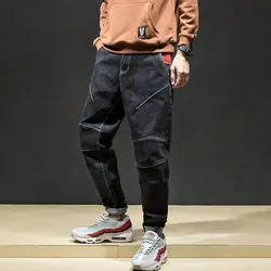 2018 Осенняя мода Для мужчин черные джинсы Цвет свободный крой эластичные брюки-карго с зауженные брюки японский Стиль хип-хоп джинсы для
