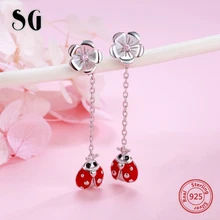 SG 925 Стерлинговое Серебро милые серьги-гвоздики "Божья коровка" с красной эмалью длинные серьги Модные Ювелирные изделия Подарки для женщин Новинка