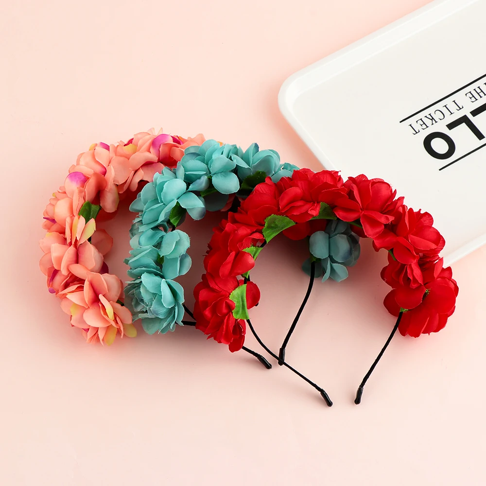 New Fashion Women Bride Flowers Headband Mexican Style Rose Flower Crown Hairband Ladies Elastic Beach Hair Accessories Headband types of hair clips